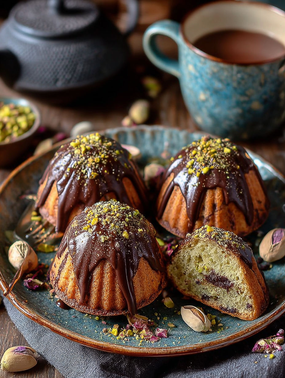 Une délicieuse tarte aux pistaches et chocolat, servie sur un plateau en céramique.