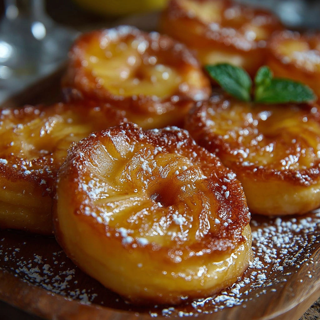 Une tarte aux pommes en forme de boule, garnie de menthe et de sucre, est servie sur un plateau.