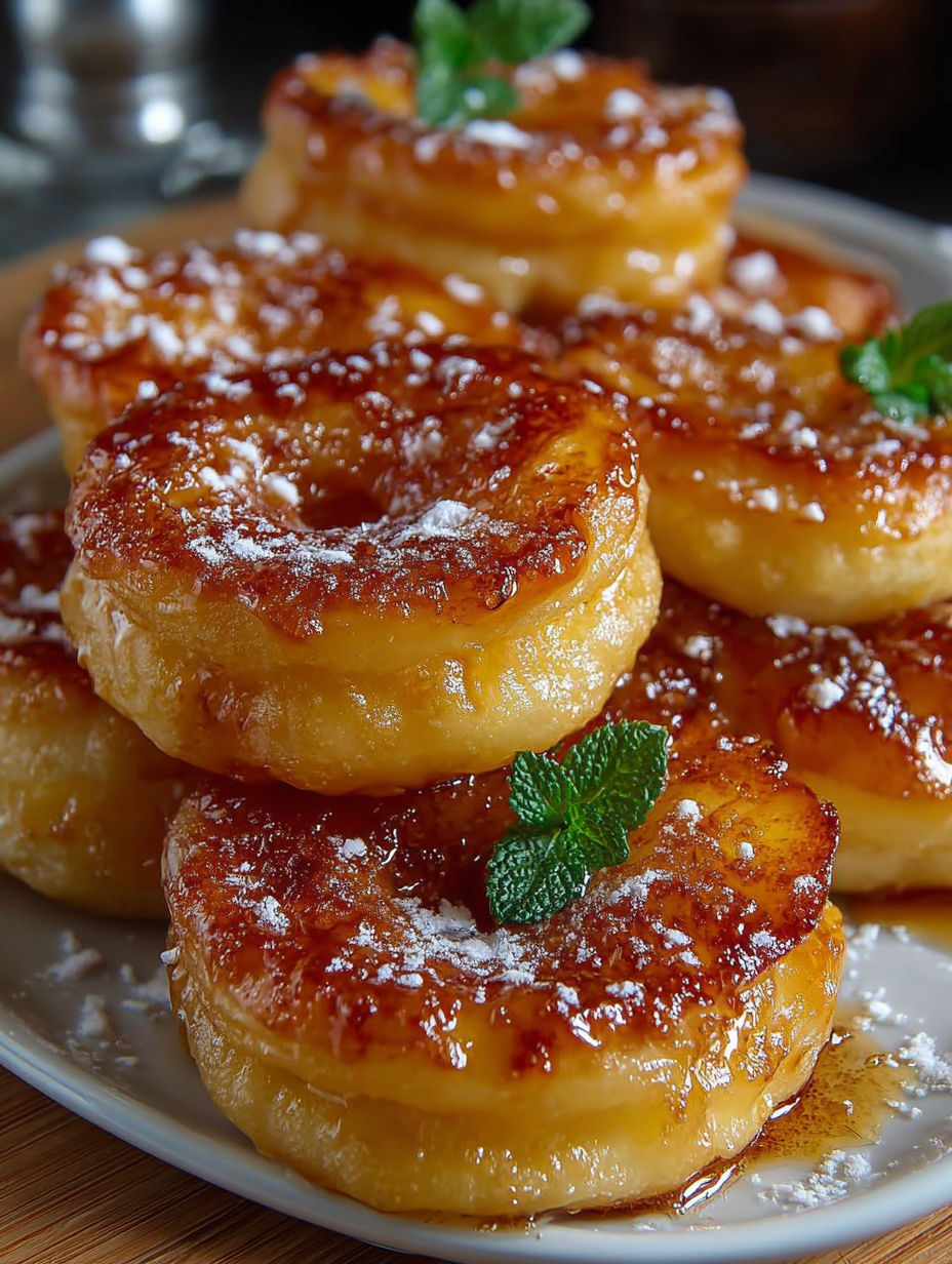 Une pile de donuts sucrés, garnis de menthe, sur un plateau.