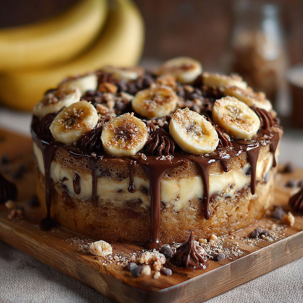 Une tarte aux bananes et au chocolat, garnie de noix de coco, est servie sur un plateau de bois.