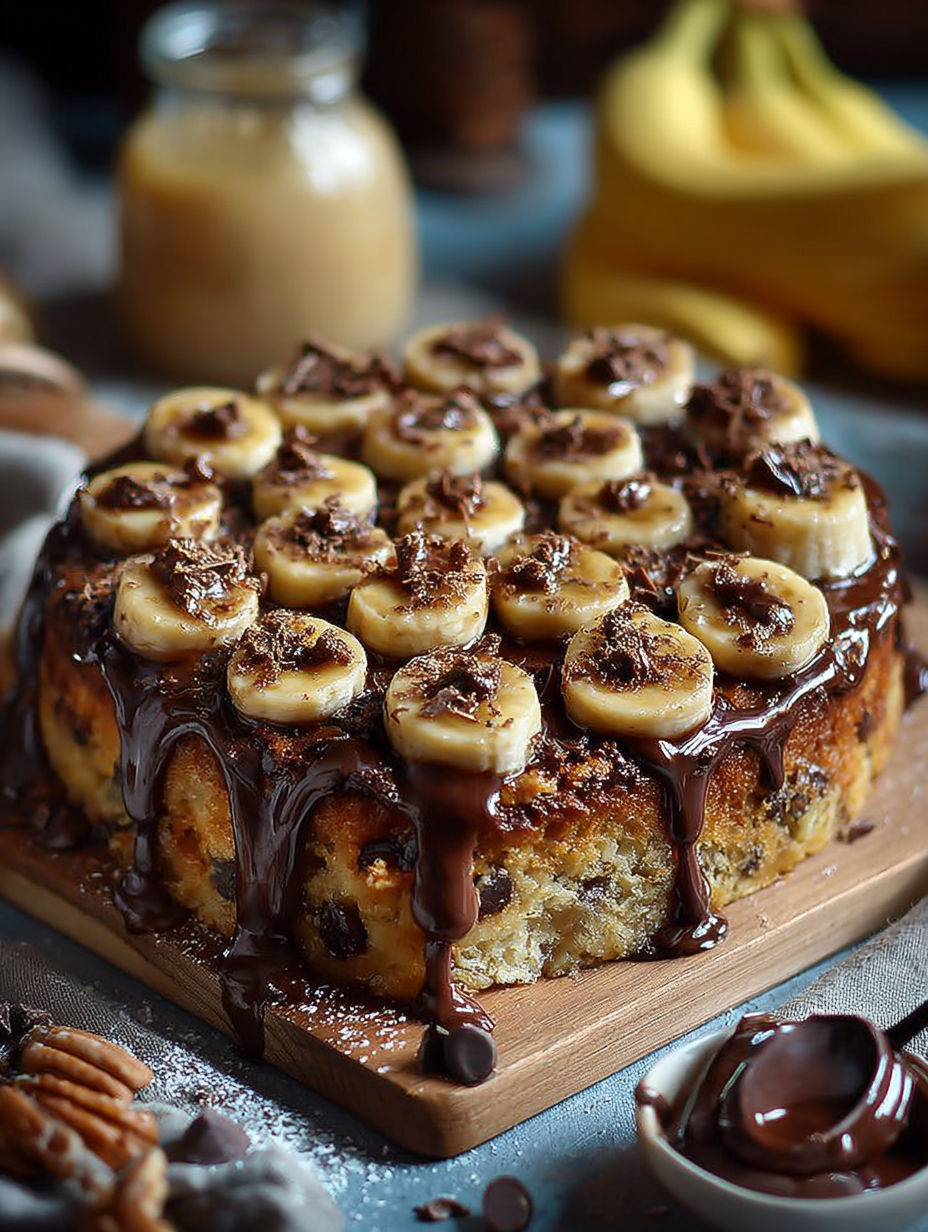 Une tarte aux bananes et au chocolat, garnie de bananes et de chocolat fondu, est servie sur un plateau en bois.