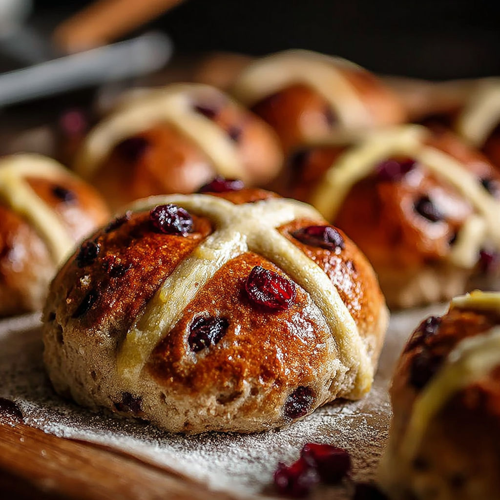 Une douzaine de Hot Cross Buns sans gluten, avec des cerises et du beurre, sur une planche de bois.