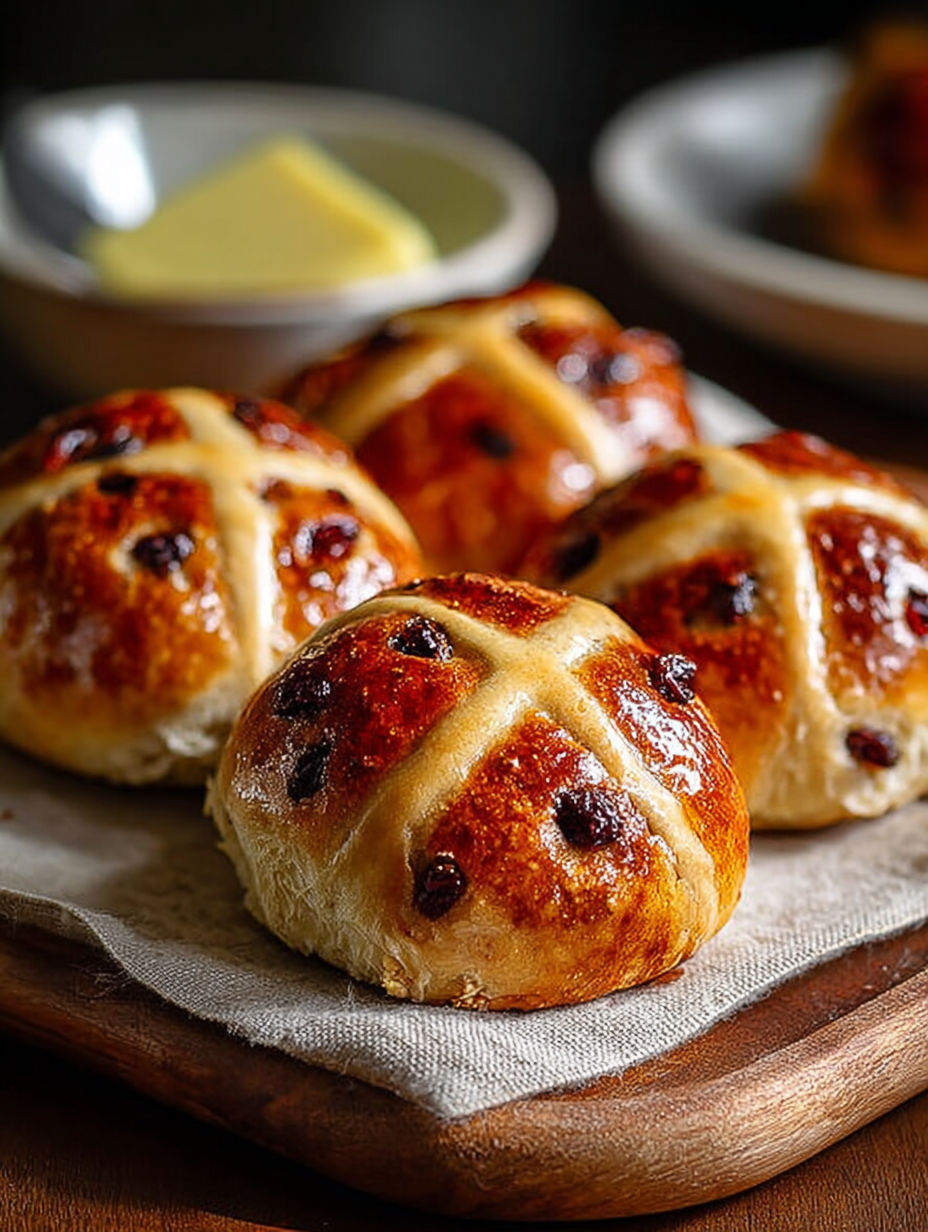 Quatre croissants rôtis sur une plaque de bois, avec du beurre sur le dessus.