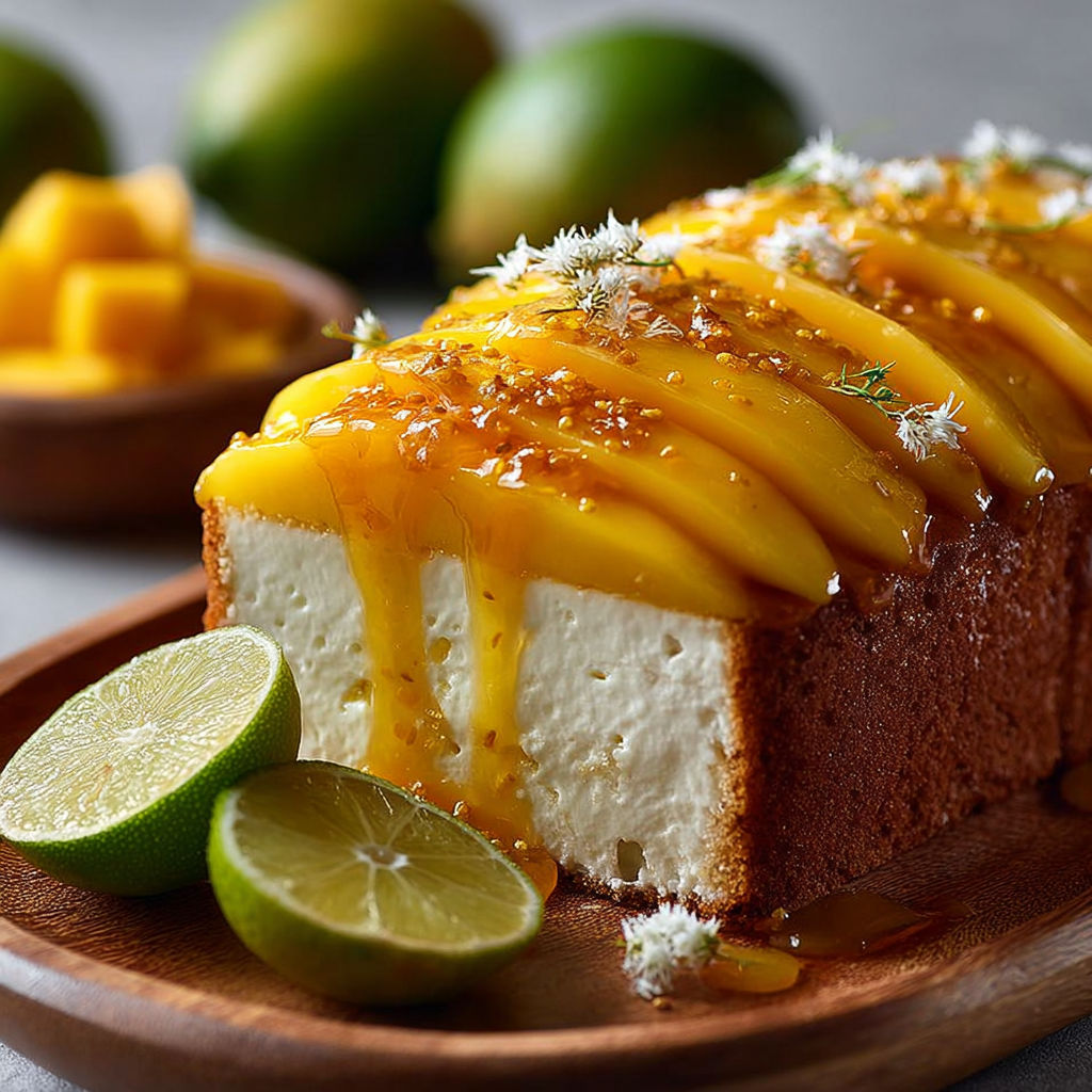 Une tarte aux fruits de mer, avec des limes et des mangos, est servie sur un plateau de bois.