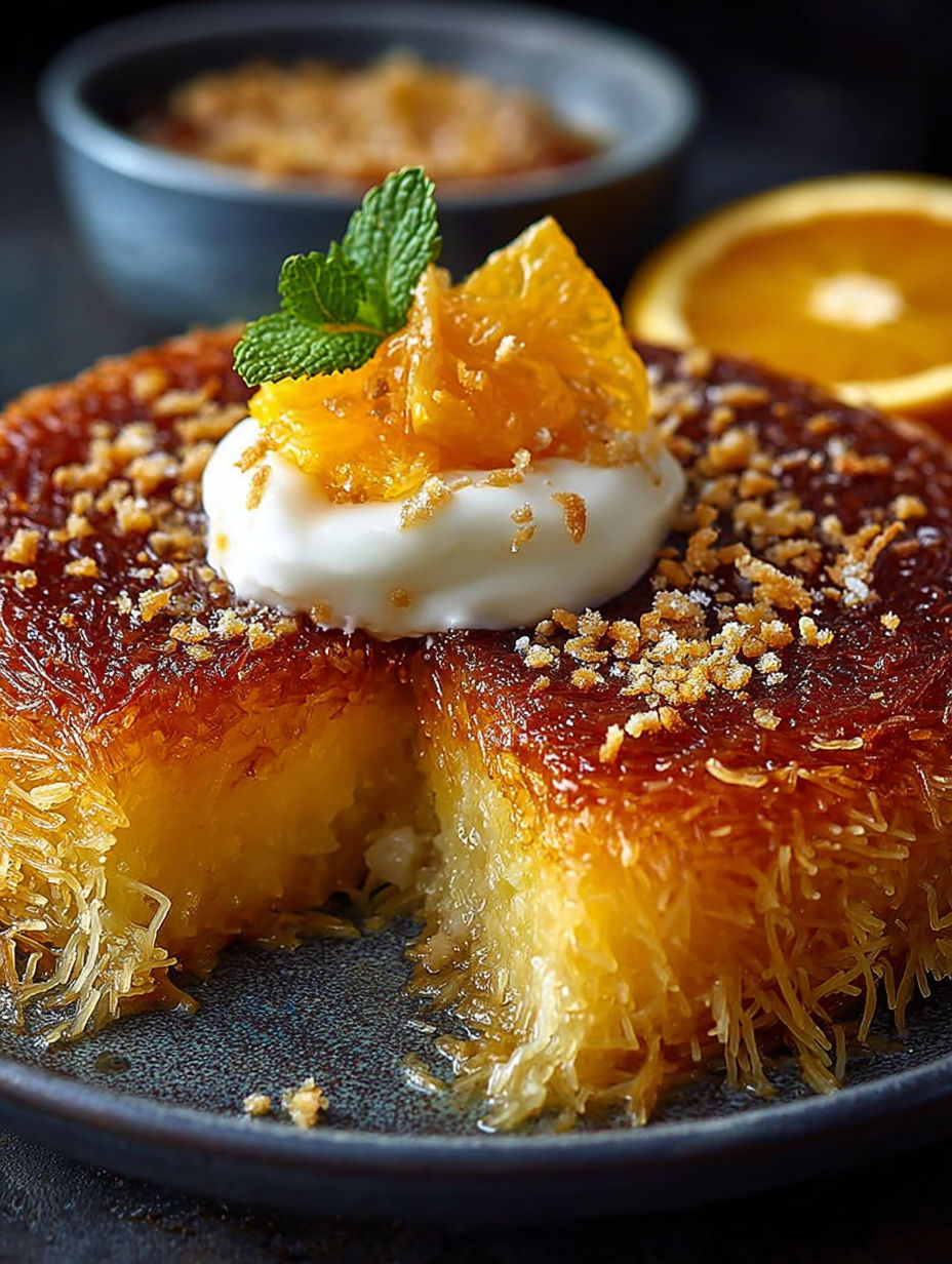 Une tarte aux fruits et croutons, avec une garniture de yaourt et de miel, est servie sur un plateau.