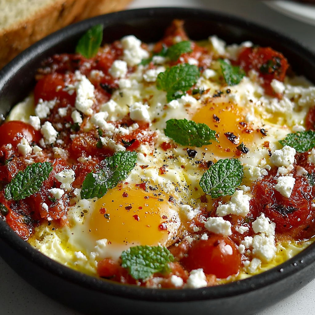 Recette grecque d'œufs brouillés avec des tomates, des herbes et du fromage.
