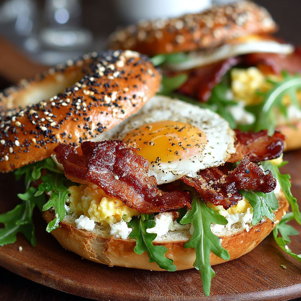 Un sandwich au bacon et aux œufs sur une planche de bois.