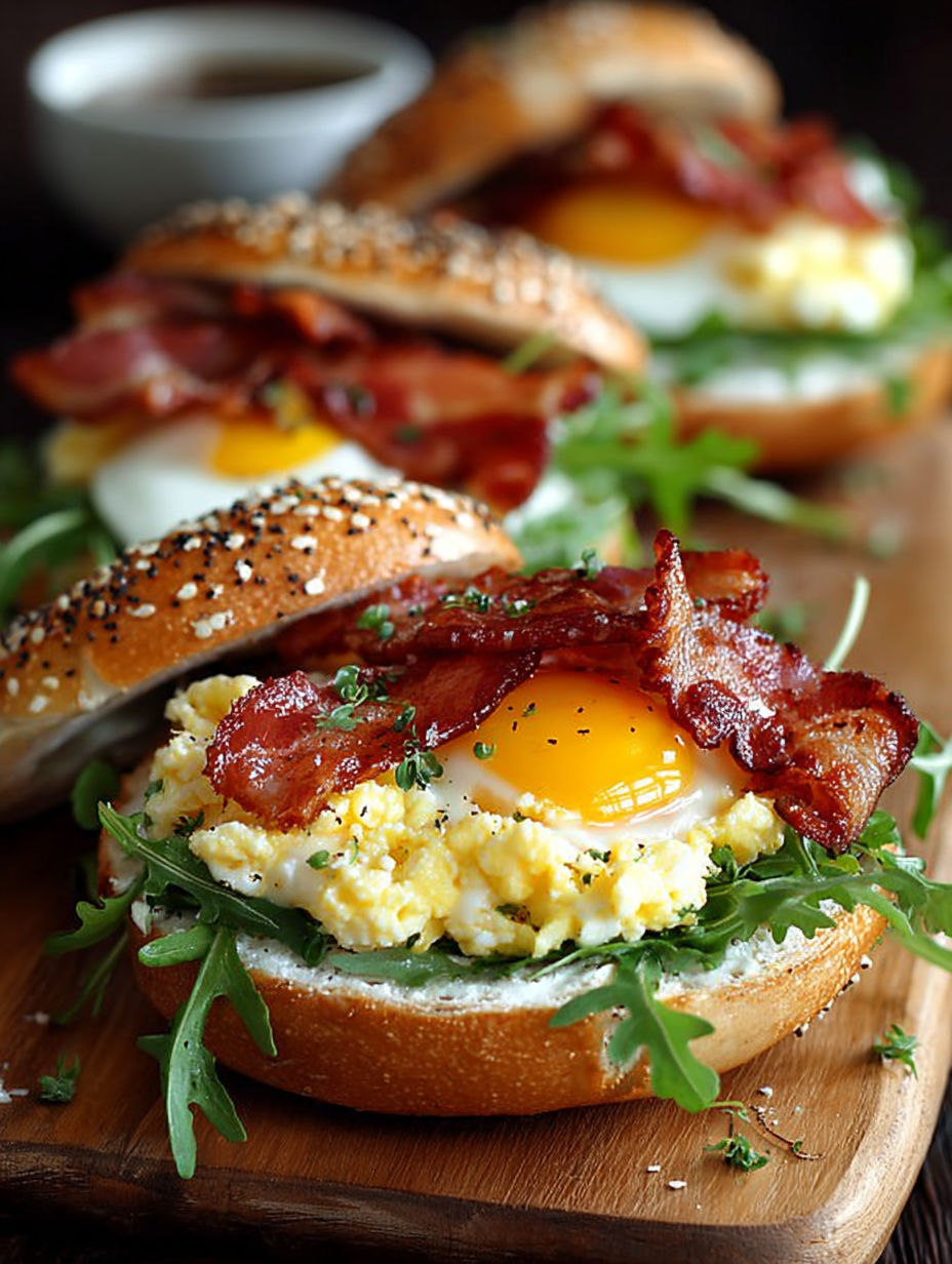 Une sandwich au bacon et aux oeufs, avec des herbes vertes et des grains de sel.