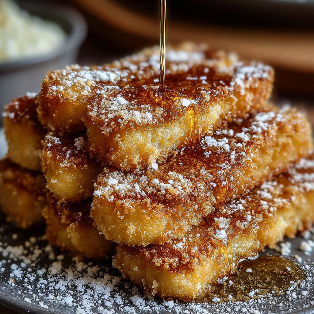Une pile de bâtonnets de pain perdu croustillants, saupoudrés de sucre, dans un bol.