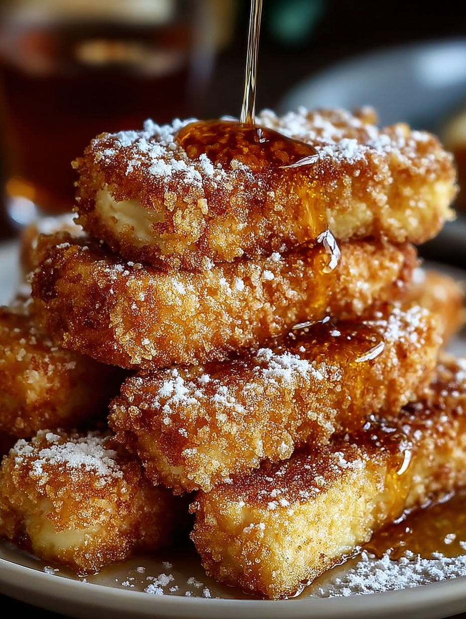 Une pile de Bâtonnets de pain perdu croustillants, saupoudrés de sucre et trempés dans du caramel.