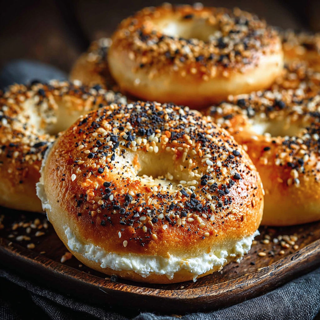 Une pile de bagels avec du fromage blanc.