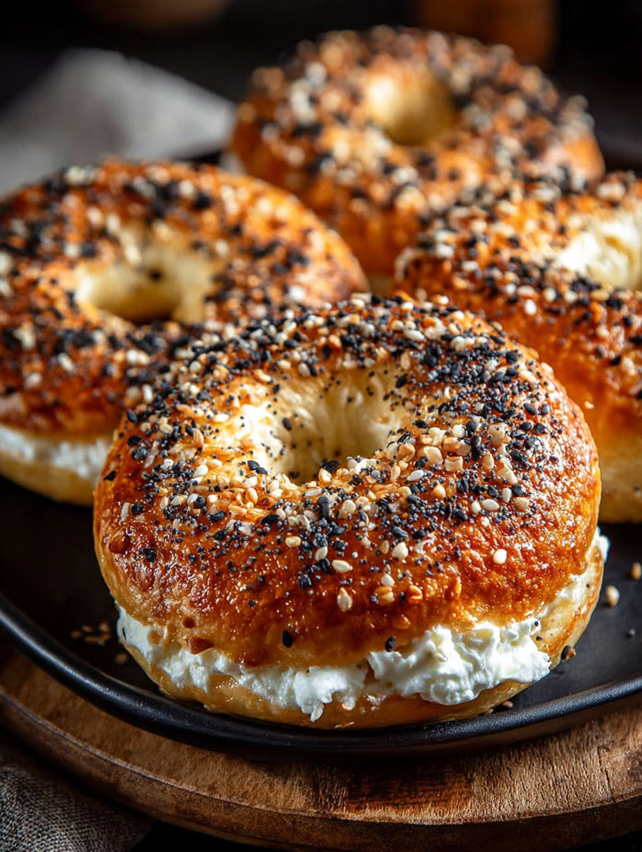 Une pâte à bagels est servie sur un plateau noir.