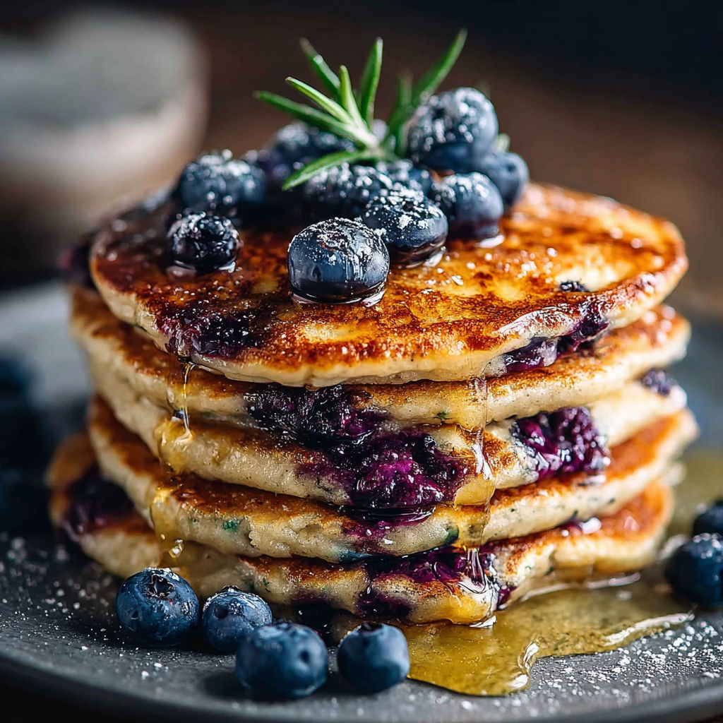 Une pile de crêpes aux fruits frais, avec des baies bleues et des herbes fraîches sur le dessus.