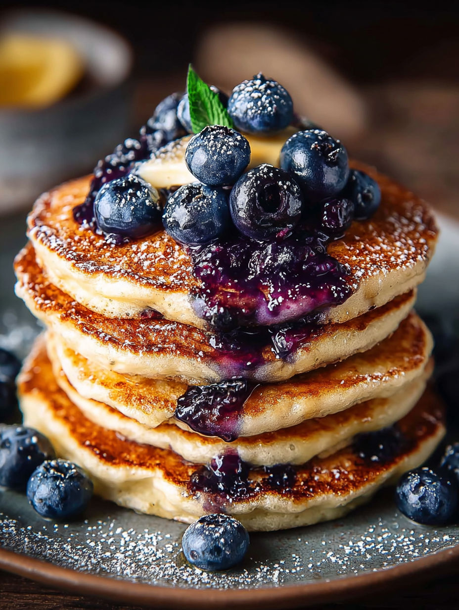 Une pile de crêpes aux fruits frais, avec des baies bleues et des fraises, est servie sur un plateau.