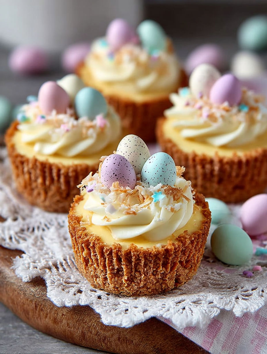 Une tarte aux pommes et œufs colorés, garnie de crêpes et de chocolat, est servie sur un plateau.