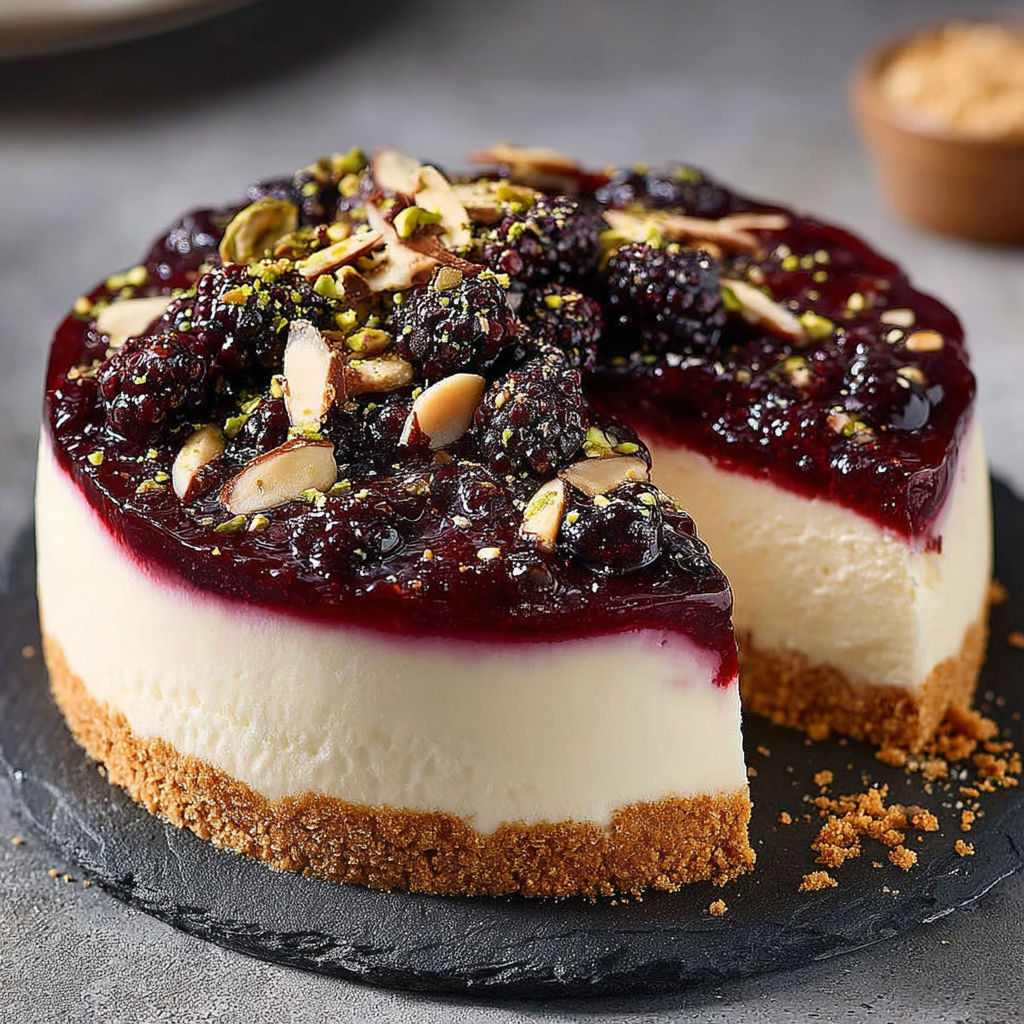Une tarte aux myrtilles et noix de cajou, avec une crème de lait et des noix de cajou sur le dessert.