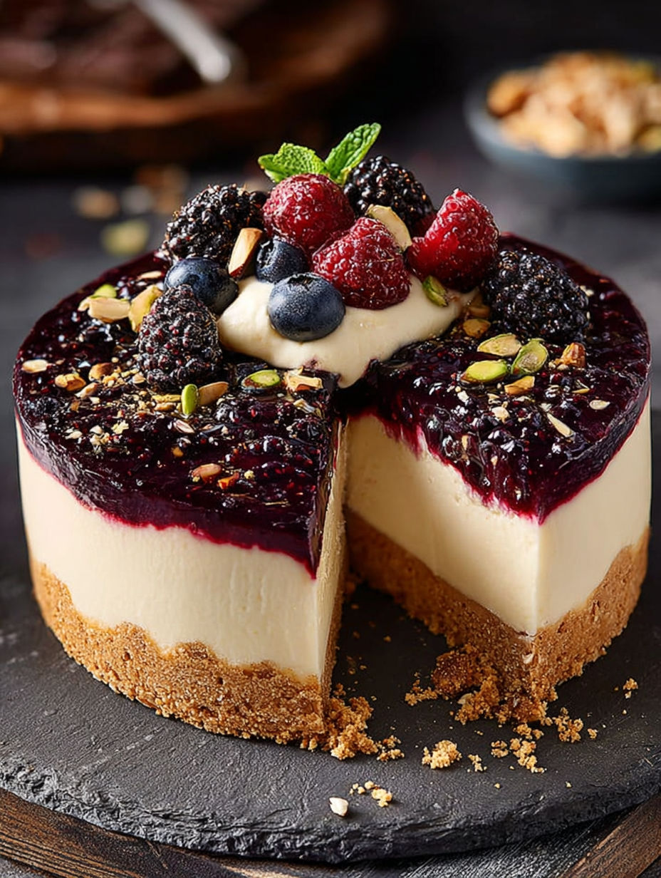 Une tarte aux fraises et baies, avec une base de crème de lait et des noix de cajou, est servie sur un plateau noir.