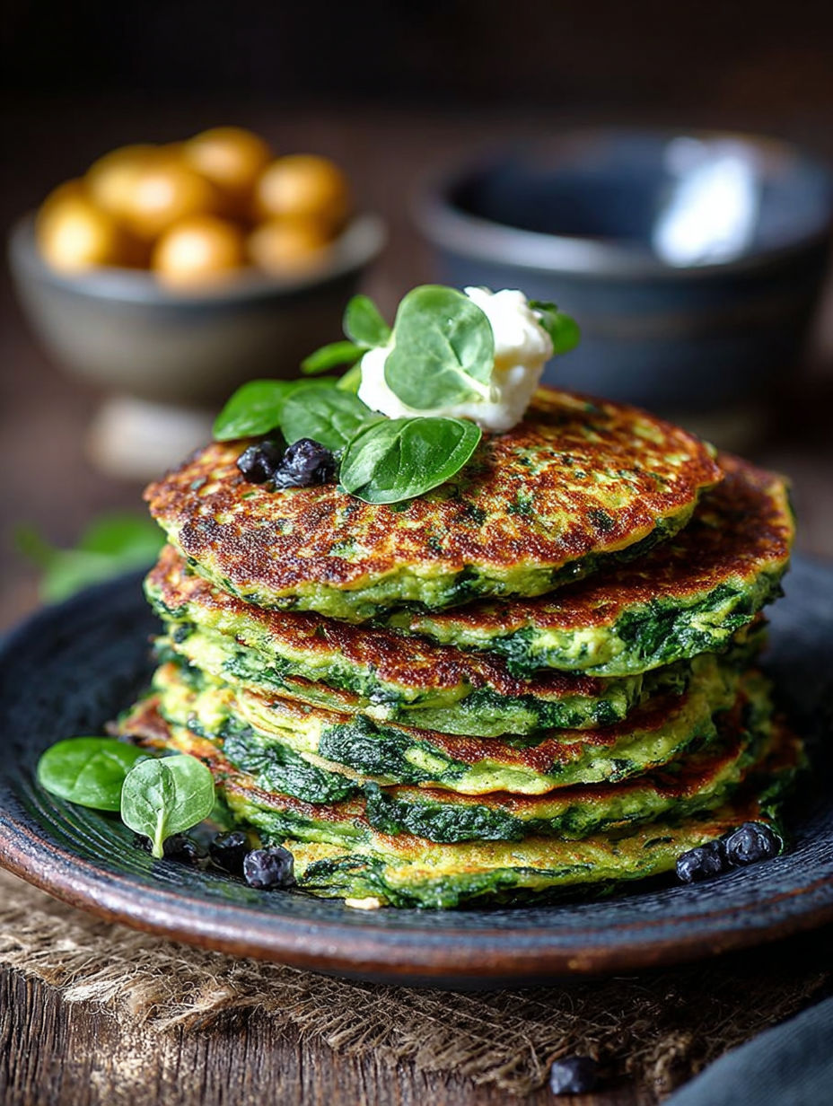 Pancakes verts aux épinards, une recette savoureuse et colorée, est servie sur un plateau en céramique.