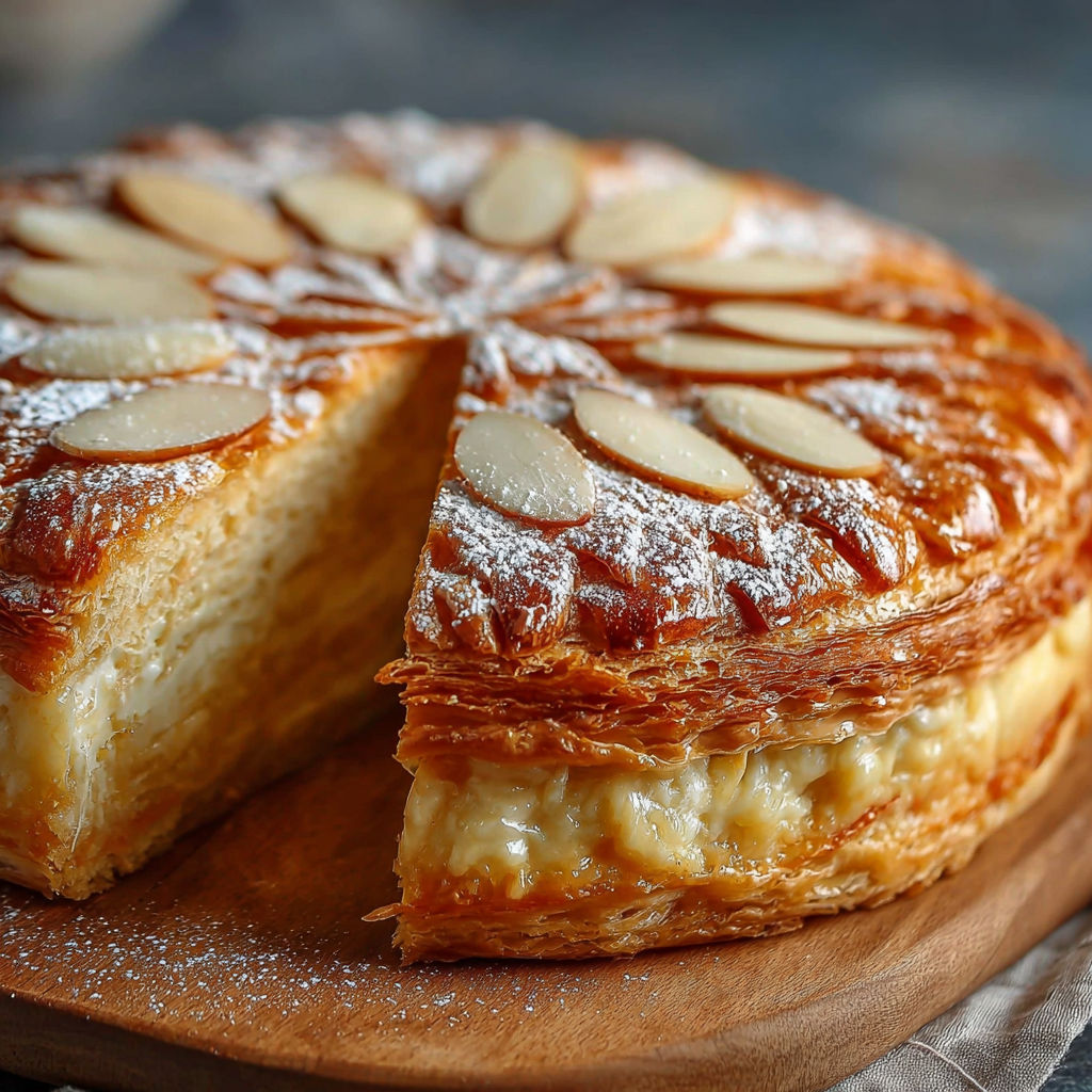 Une galette des rois traditionnelle est servie sur un plateau.