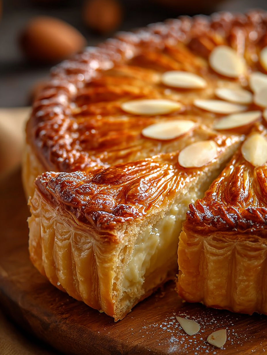 Une galette des rois traditionnelle est servie sur une table.