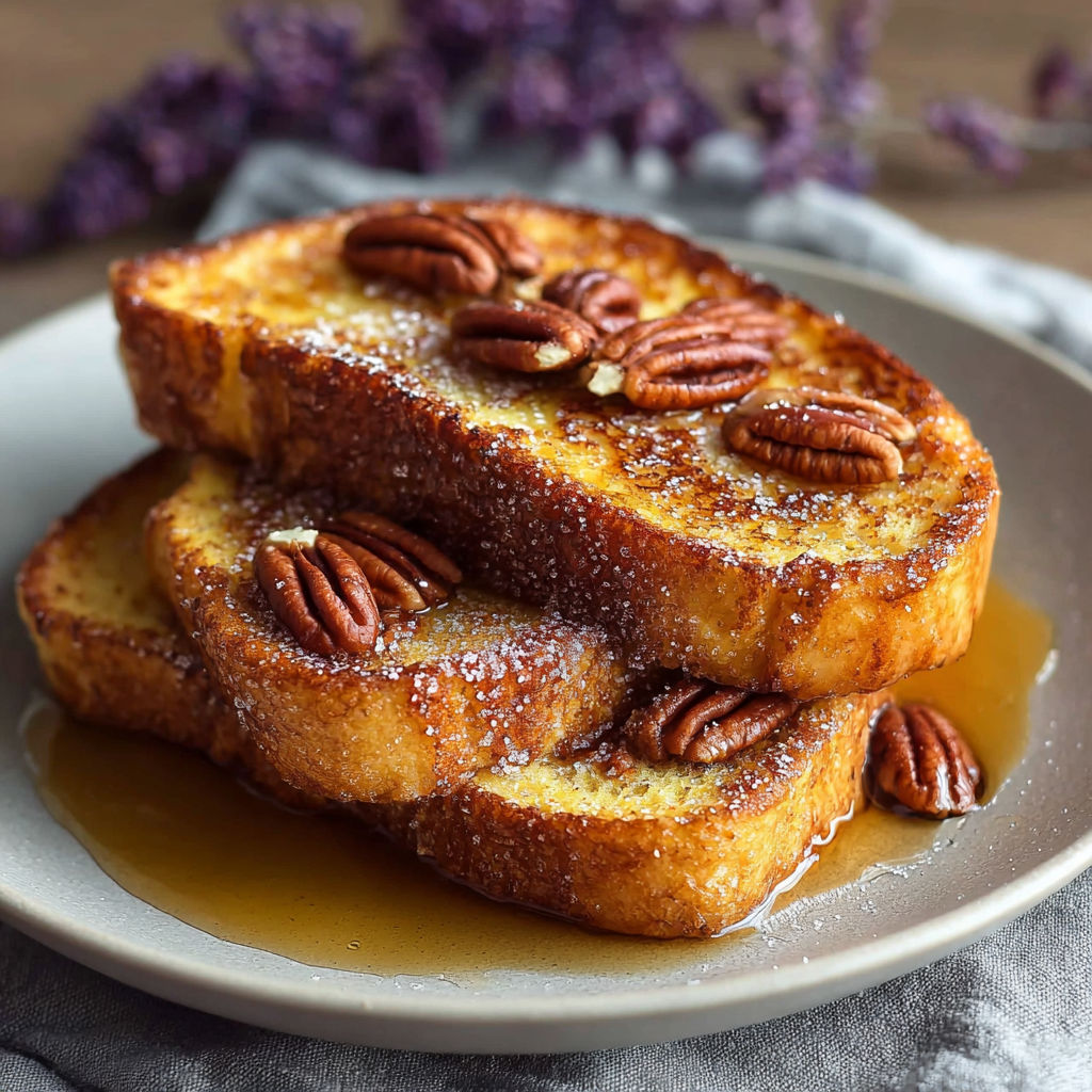Une pile de beignets d'amandes sucrés, garnis de noixs et de sauce caramel, sur un plateau.