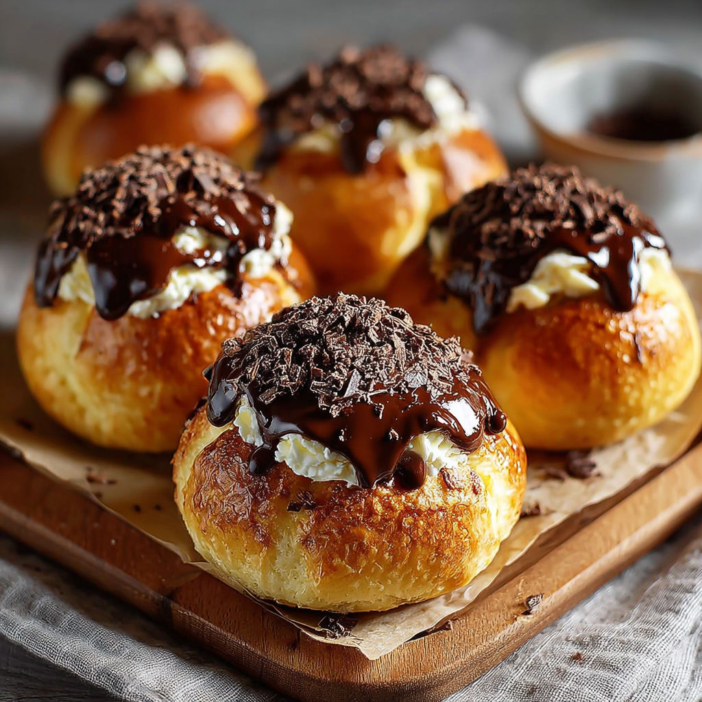 Briochettes au chocolat noir sur une plaque de bois.