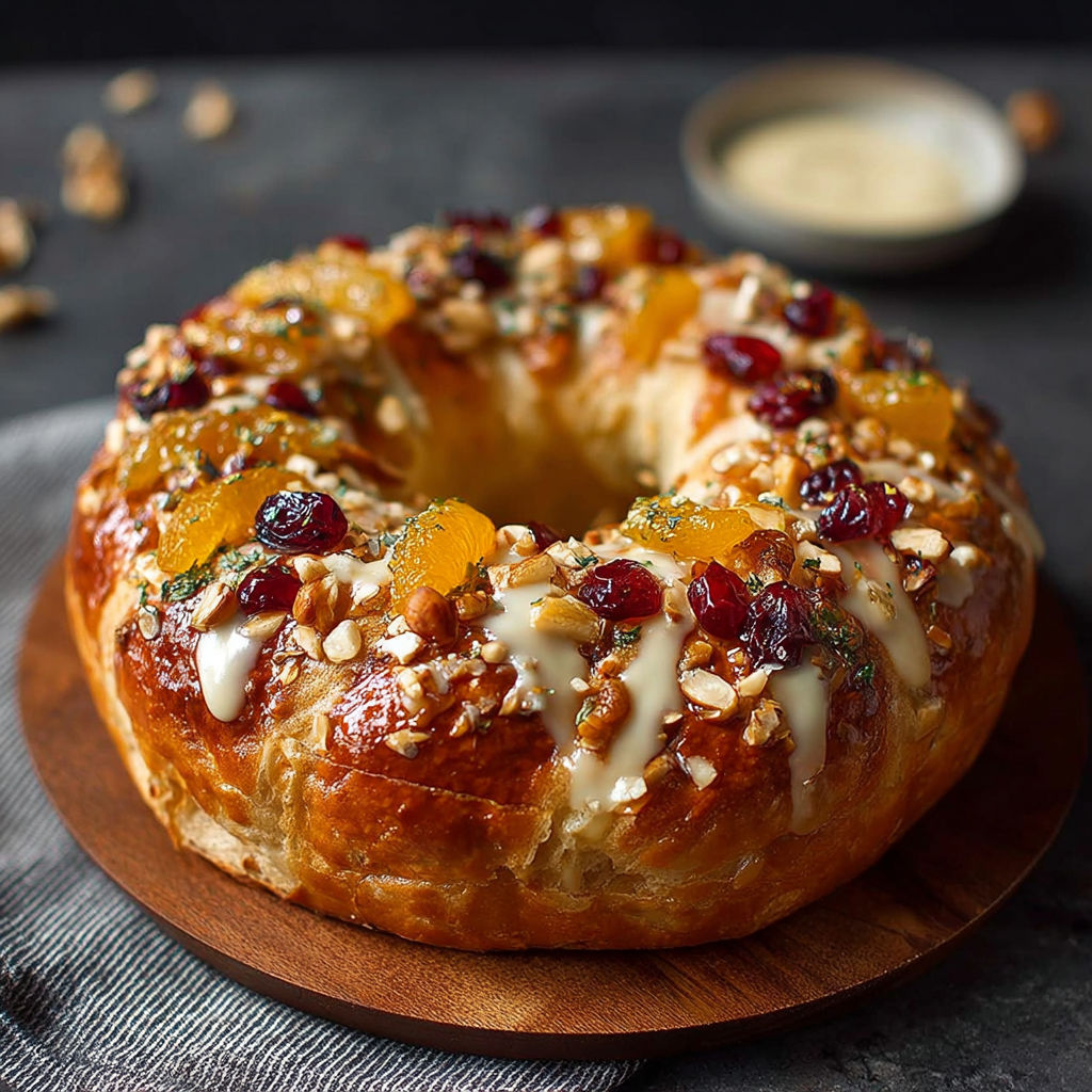 Une délicieuse baguette de pain d'épices, garnie de fruits et de noix, est servie sur un plateau.