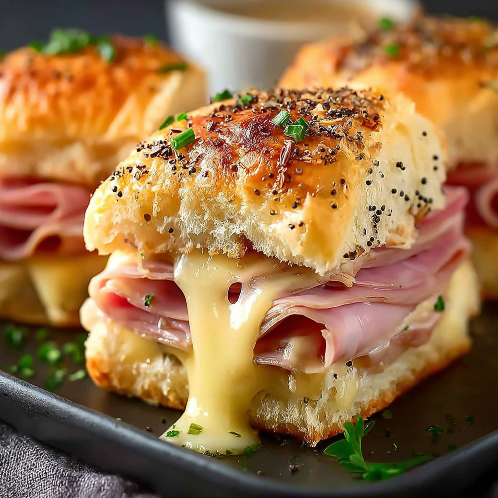 Des mini sandwichs jambon et fromage sur un plateau.