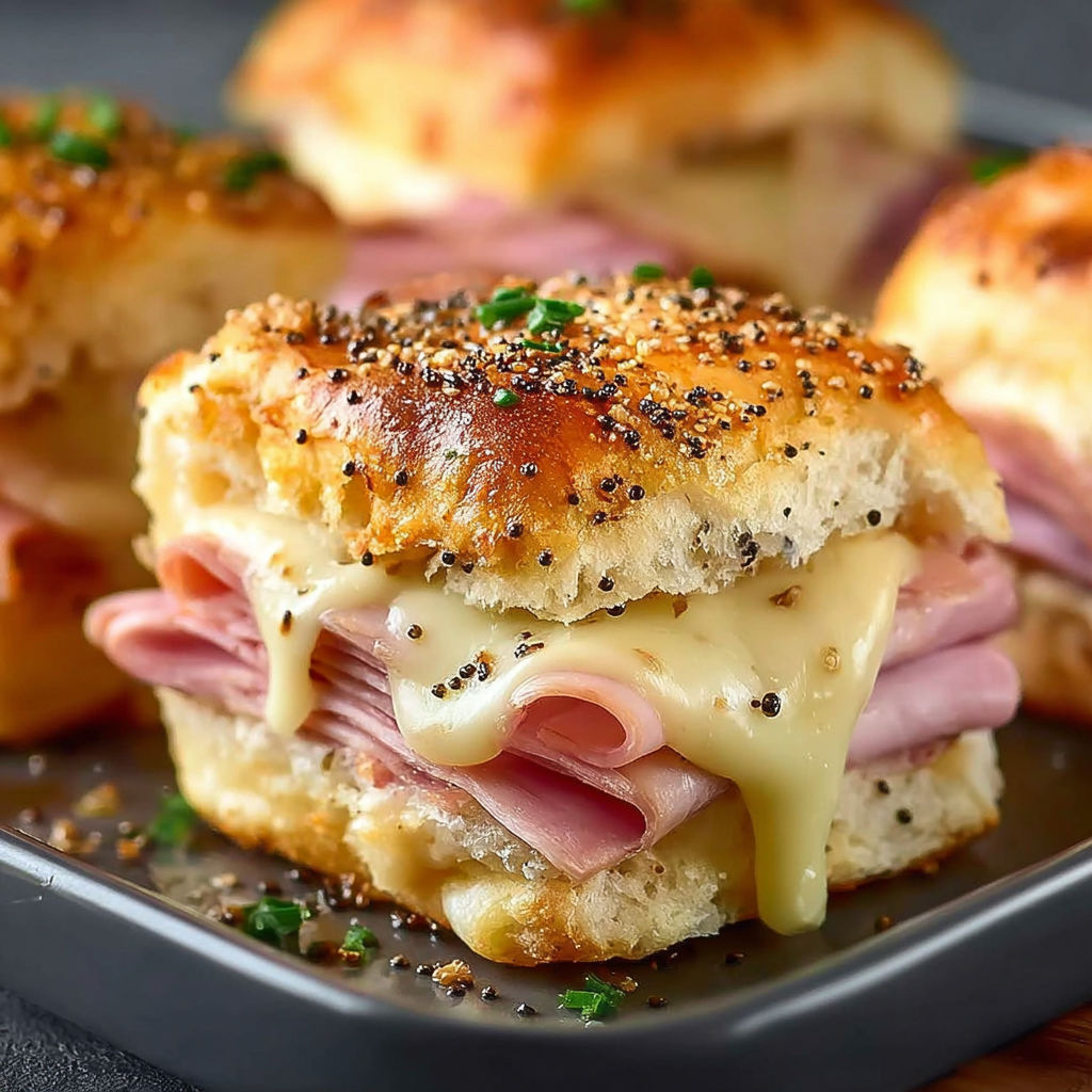 Une sandwich de ham et de fromage, avec des herbes et des grains de cumin, est servie sur un plateau.