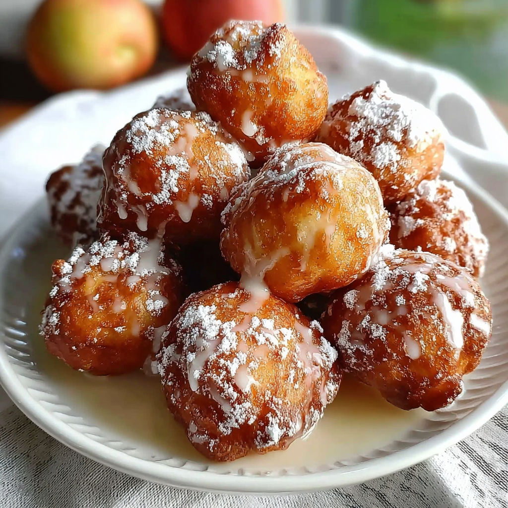 Beignets aux Pommes - Une pile de beignets sucrés et garnis de pommes, présentés sur un plateau.
