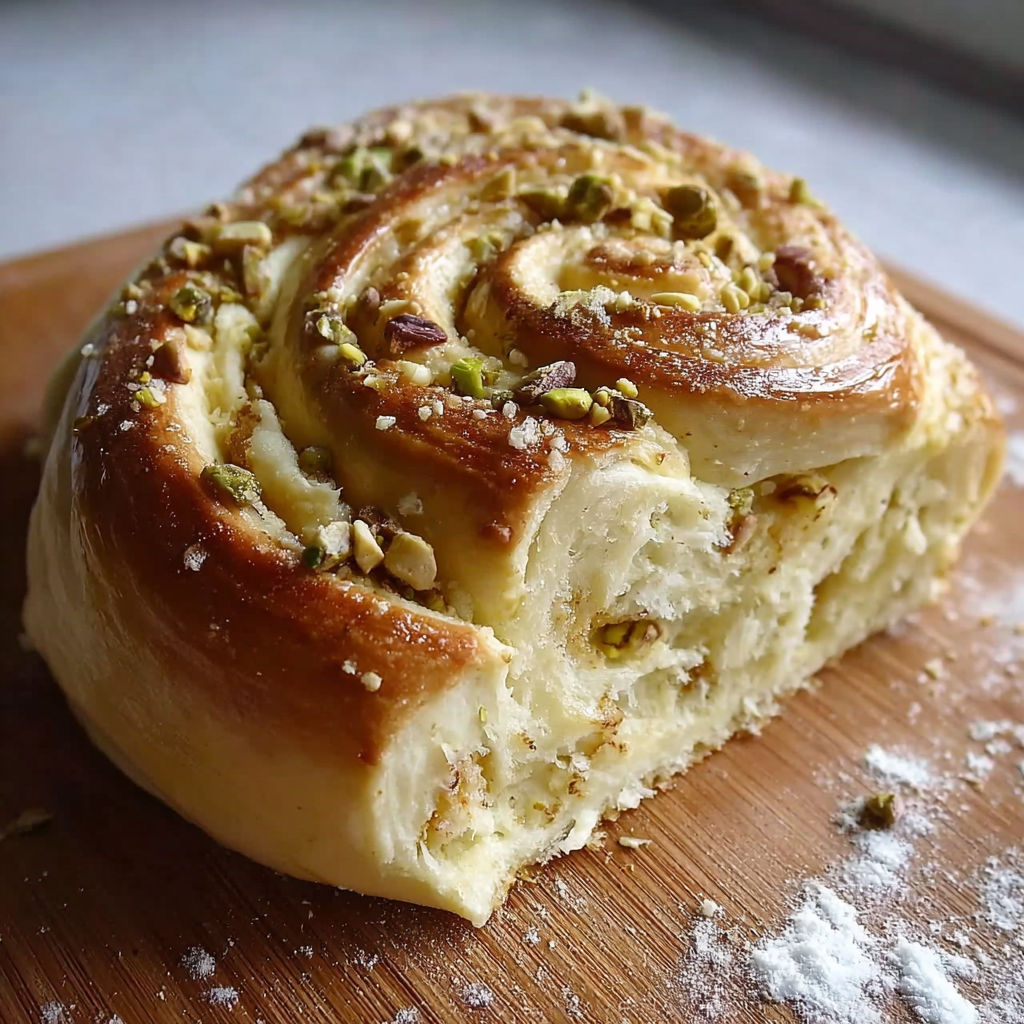Une brioche à la pistache, faite avec des pistaches et du sucre, est servie sur un plateau.