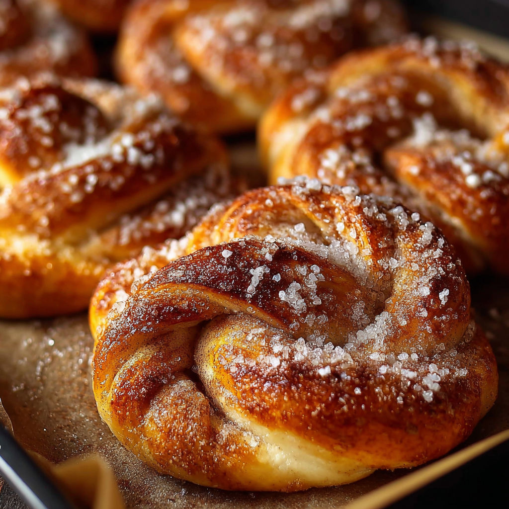 Des bretzels cannelle pomme, dorés et parfumés, sont présentés sur une plaque de bois.