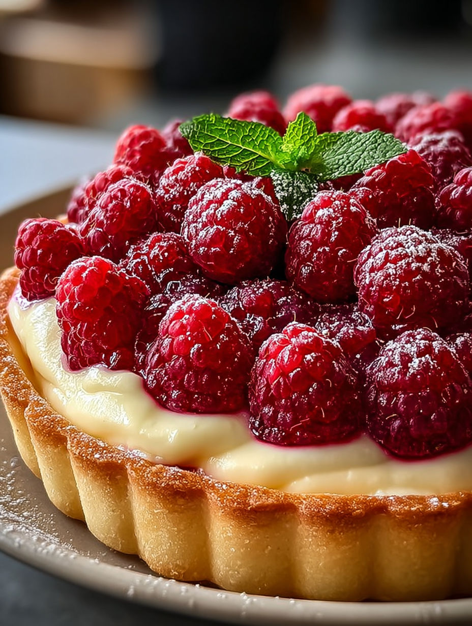 Une tarte aux fraises garnie de fraises fraîches et de menthe.