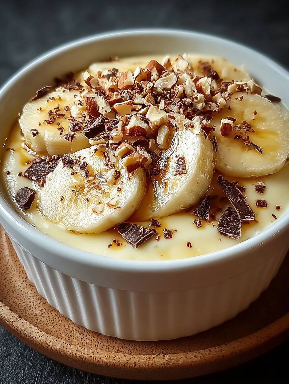 Une tarte aux bananas et noix de cajou, avec des bananas et des noix de cajou sur le dessert.