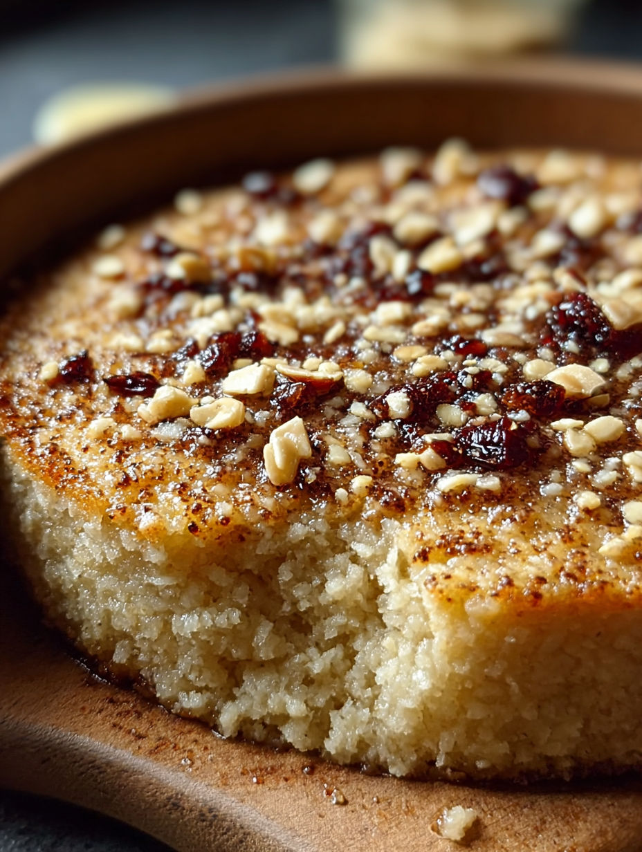 Une tarte aux noix et au sucre, avec des noix et des graines de café, est servie dans un bol en céramique.
