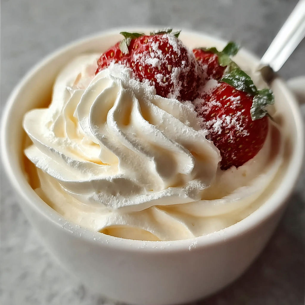 Une tasse de crème chantilly avec des fraises sur le dessert.