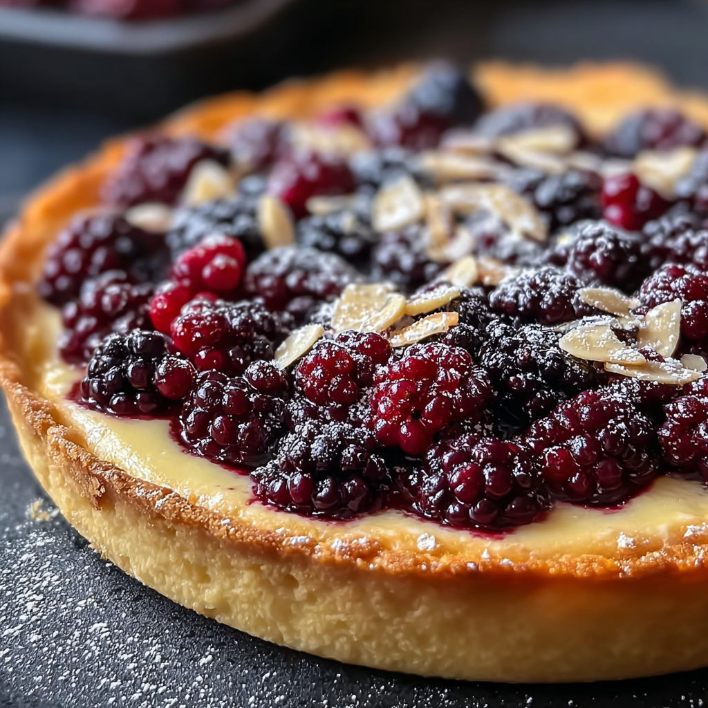 Une tarte aux fraises et noix, avec une base de pâte brisée et une couche de crème au chocolat.