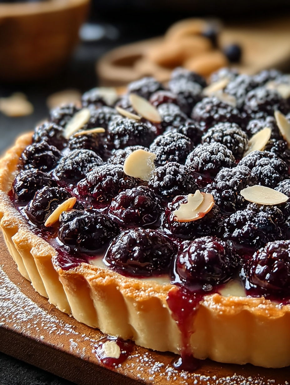 Une tarte aux myrtilles et noix de cajou, garnie de fruits frais et de crème fouettée.