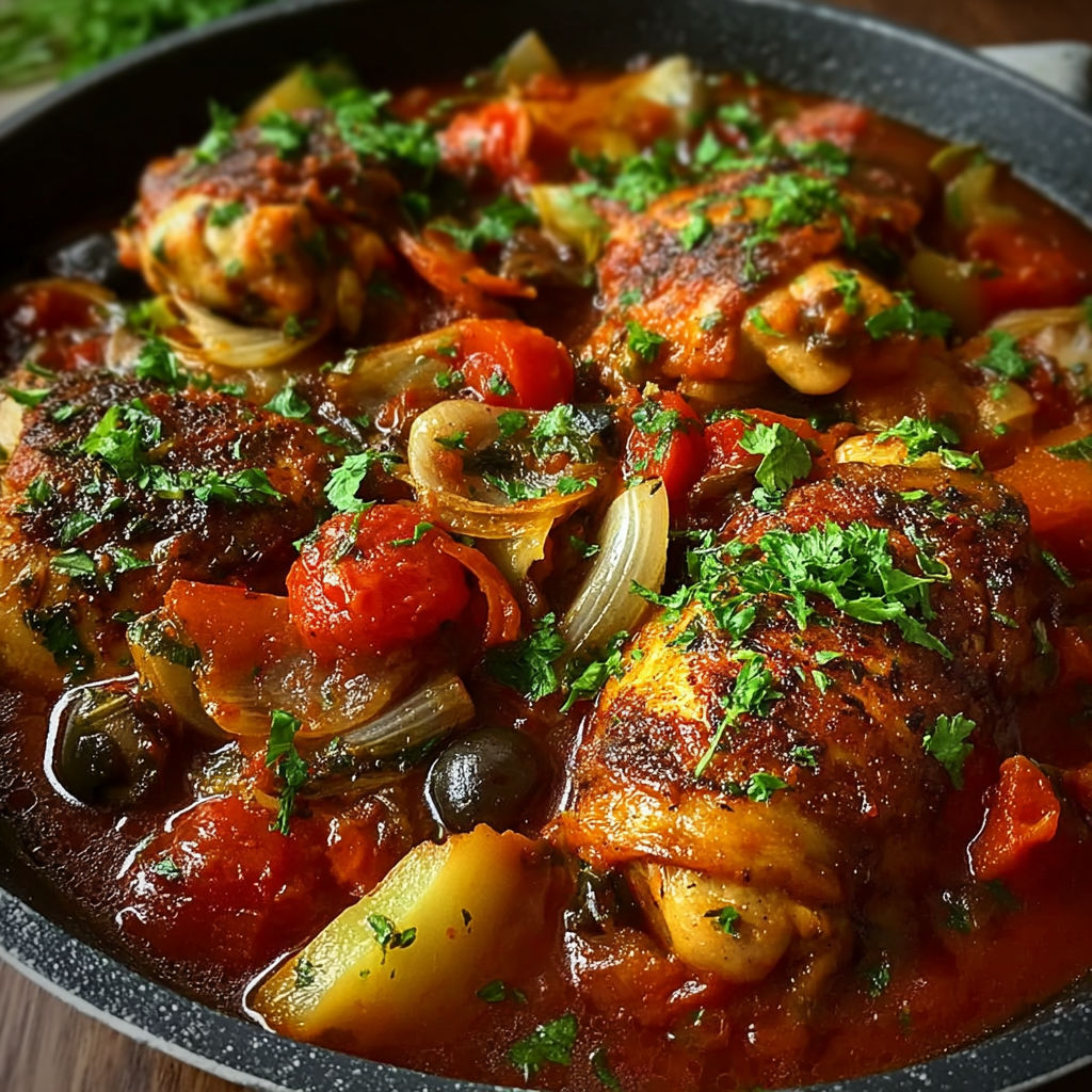 Un bouillon de poulet Cacciatore avec des légumes et des herbes fraîches.
