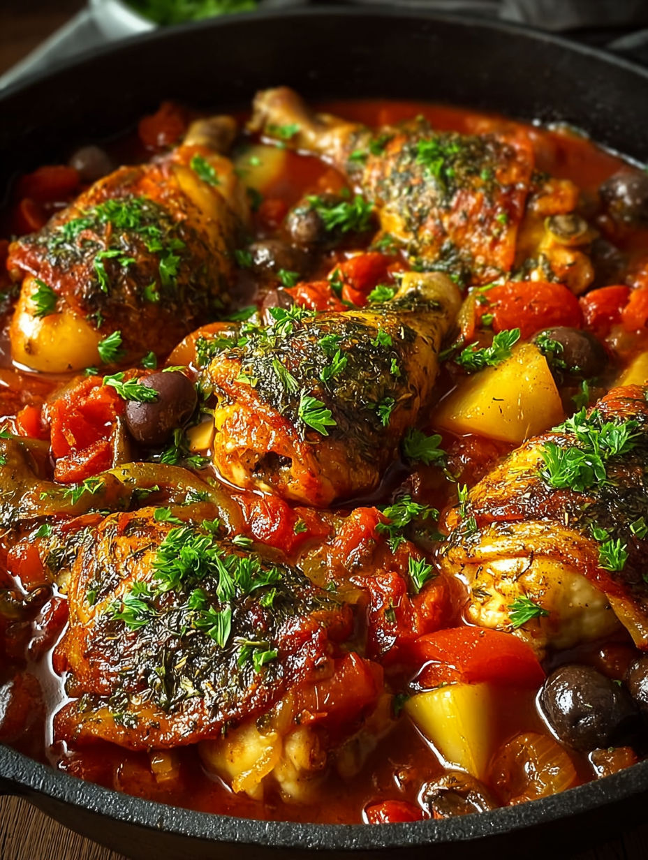 Chicken with herbs and tomatoes in a red sauce