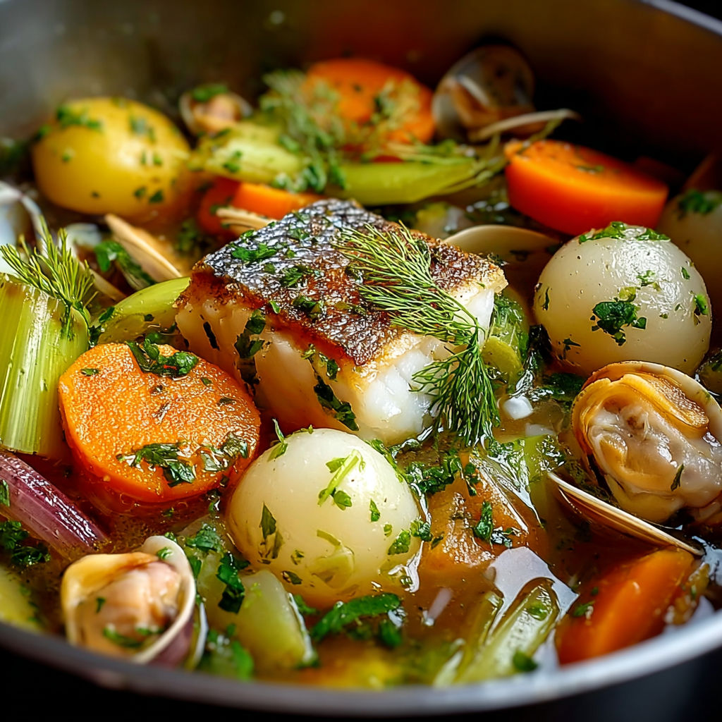 Une recette de bouillon de poisson avec des légumes et des carottes.