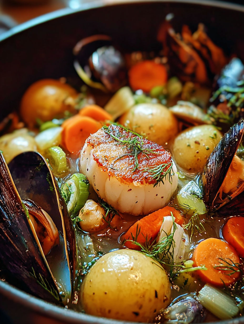Une recette de bouillabaisse avec des carottes, des moules, des oignons, des épinards et des moules.