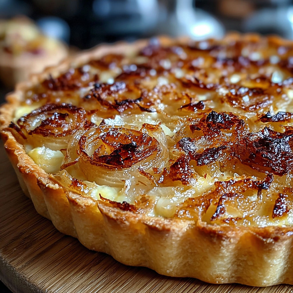 Une tarte à l'oignon Alsacienne chaude et croustillante, servie sur une table de bois.
