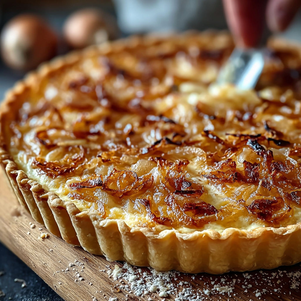 Une tarte aux pommes est servie sur un plateau.
