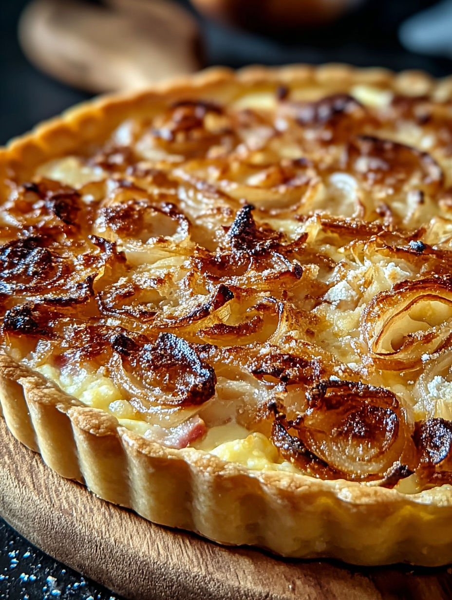 Une tarte aux pommes chaude et croustillante, avec des pommes et des oignons, est servie sur un plateau.