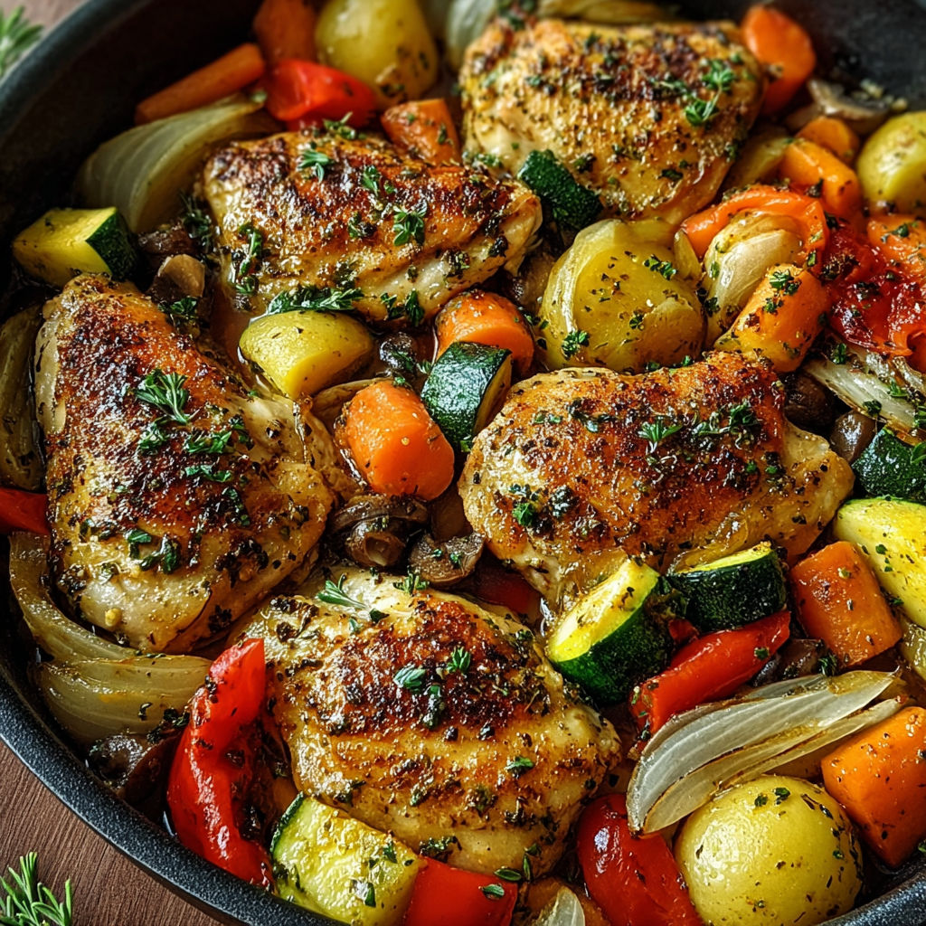 Une poêlée de poulet et de légumes dans une casserole, avec des légumes tels que des carottes, des courgettes et des poivrons.