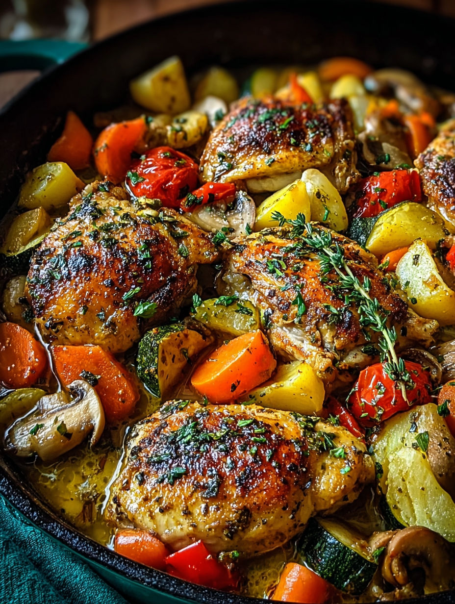 Dish de poulet grillé avec légumes et herbes, dans un bol en fonte.