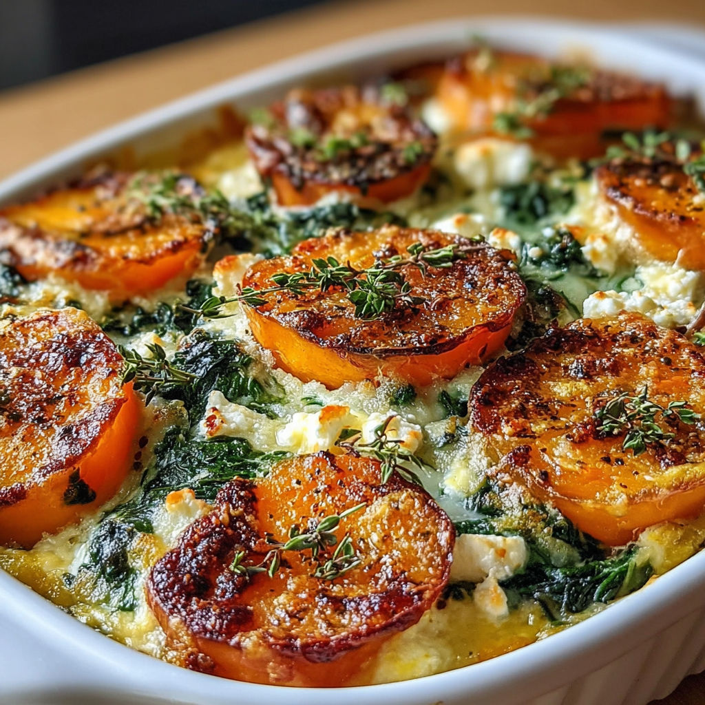 Un plat de gratin de patates douces, épinards et feta, servit sur une table.