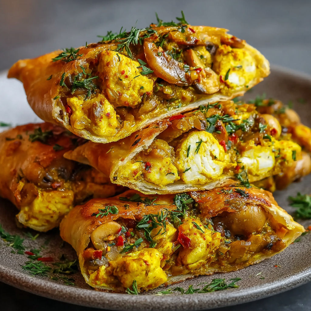 Une pile de sandwichs au mushroom et au chorizo, avec des herbes et des légumes, sertis sur un plateau.