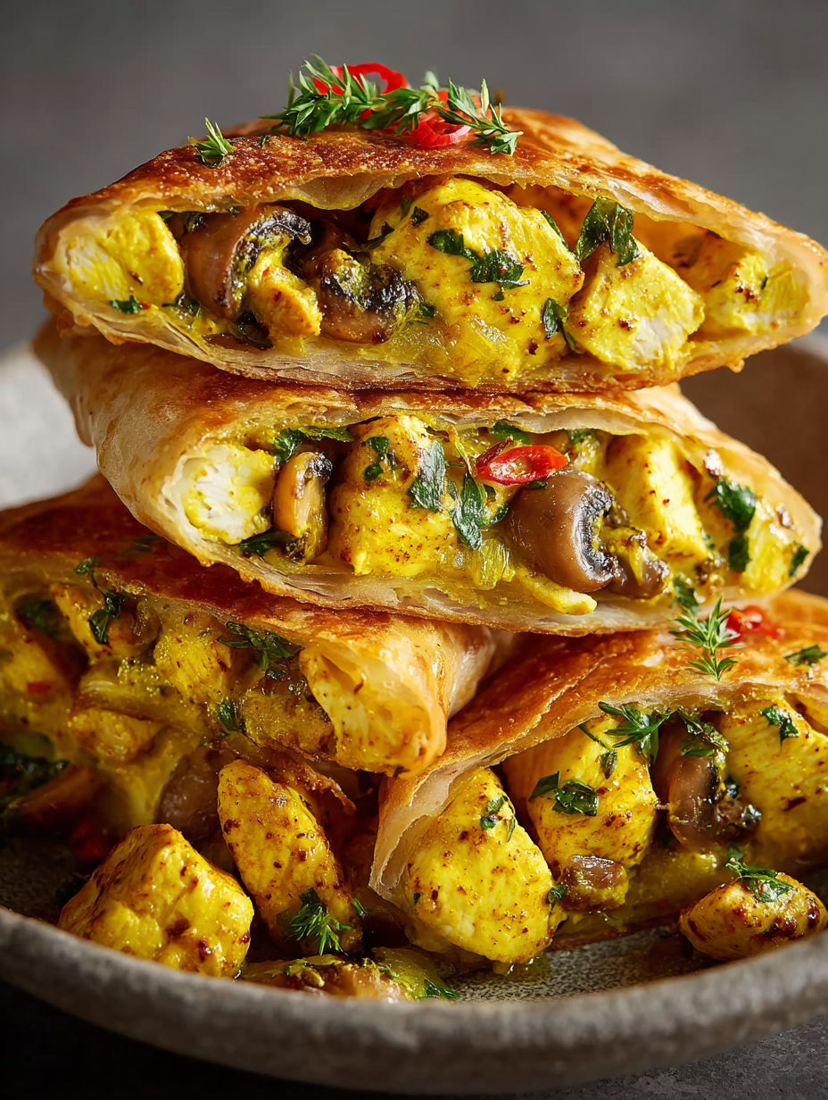 Une pile de sandwichs au mushroom et au chicken, avec des herbes et des légumes, sertis sur un plateau.